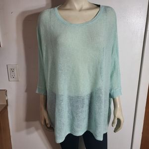 Eileen Fisher Teal 100% Organic Linen Knit Blouse Sz L